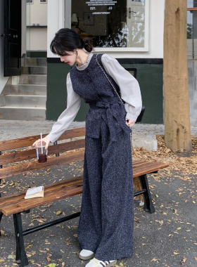 灰色法式轻熟风系带马甲套装女2026春季气质休闲衬衣阔腿裤三件套
