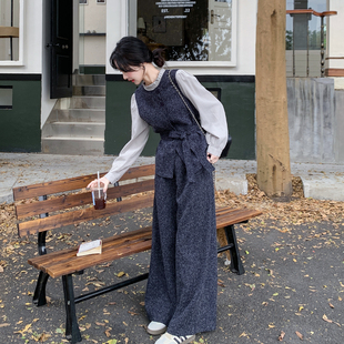 灰色法式轻熟风系带马甲套装女2026春季气质休闲衬衣阔腿裤三件套