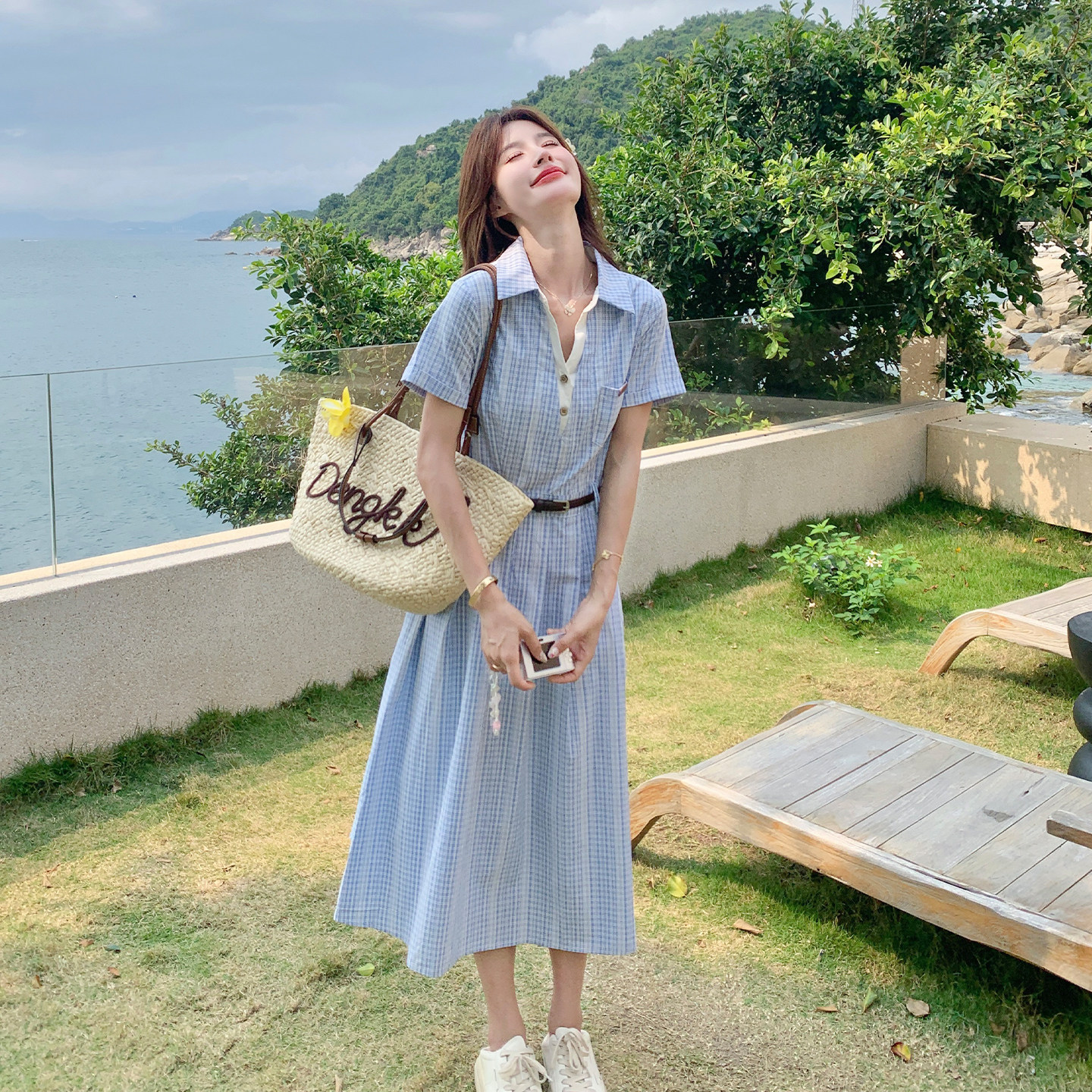 韩式随性chic减龄学院风连衣裙女2026新款夏日收腰显瘦格纹衬衫裙