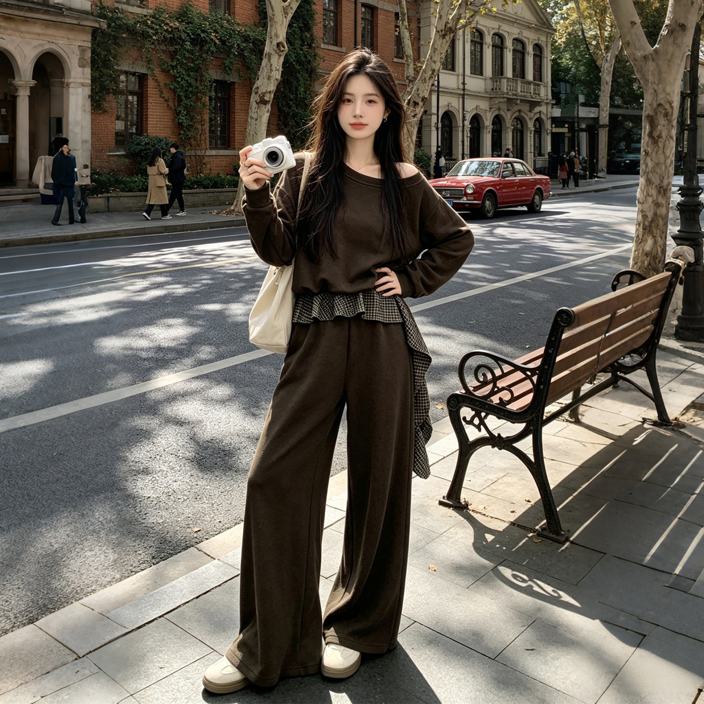 韩系慵懒斜肩卫衣阔腿裤女套装