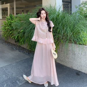 新中式粉色立领盘扣两件套女夏
