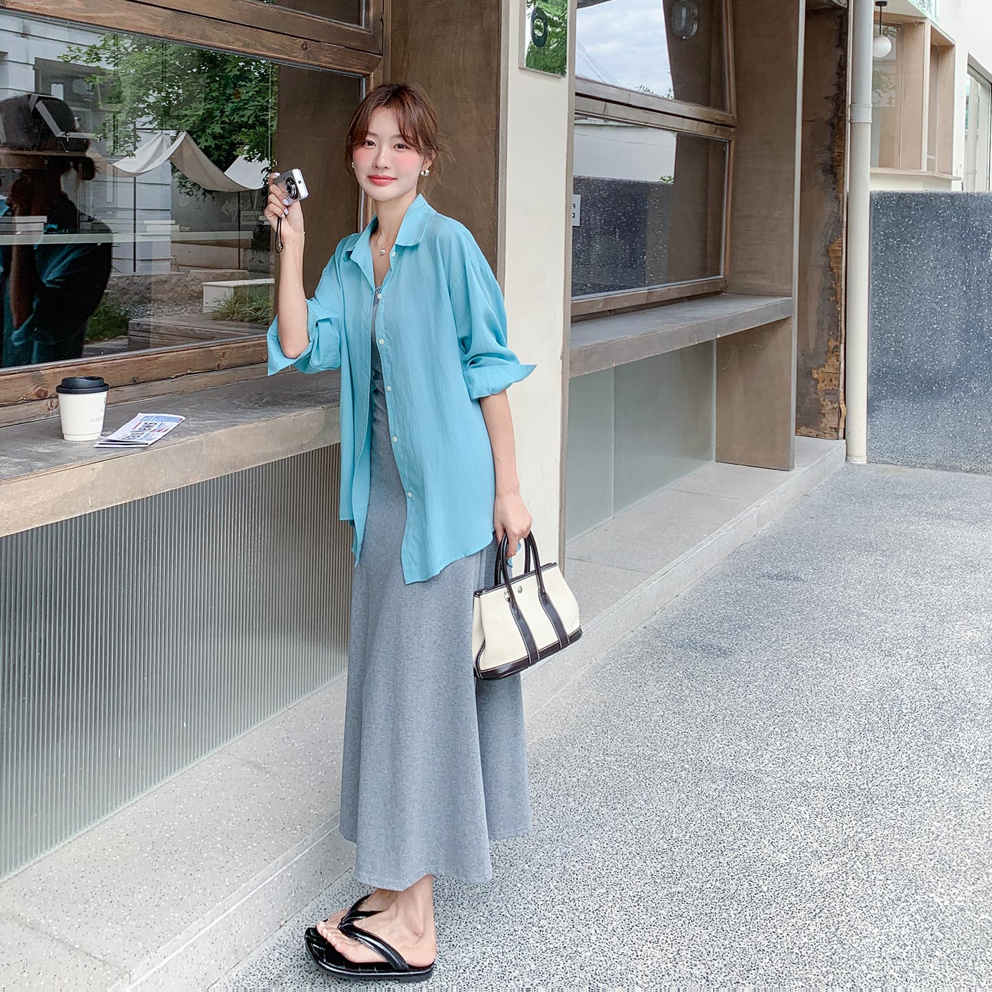 灰色慵懒气质修身吊带连衣裙套装女2026新款夏日松弛感衬衫两件套