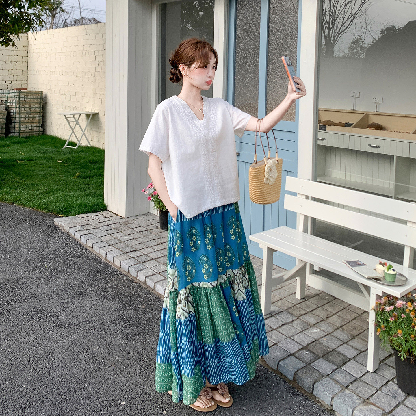 韩式复古森女系拼接碎花半身裙套装女夏日气质上衣两件套2026新款