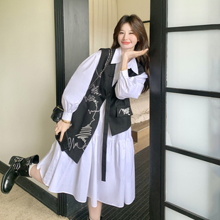 黑色甜美设计感不规则马甲连衣裙套装女2026春季新款衬衫裙两件套