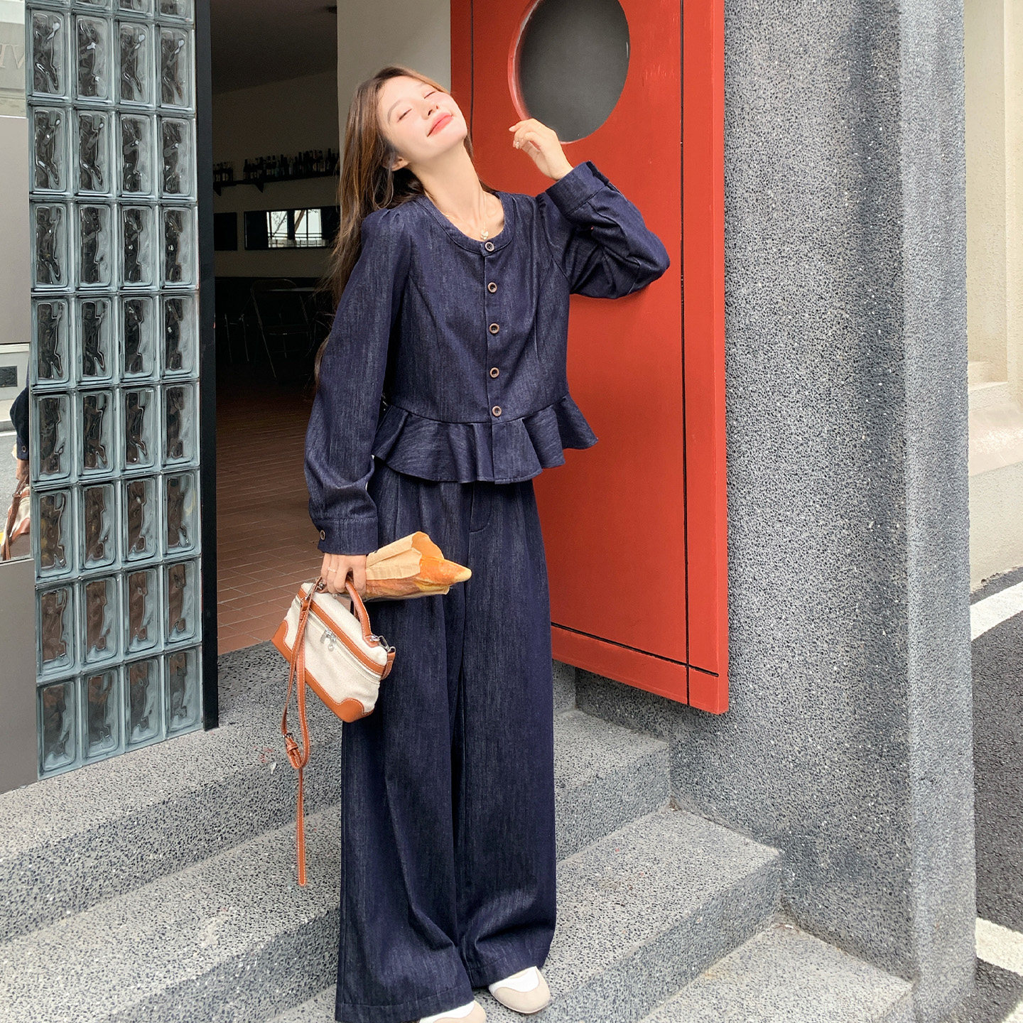 秋季女牛仔风荷叶边阔腿裤套装