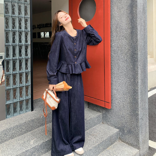 秋季女牛仔风荷叶边阔腿裤套装