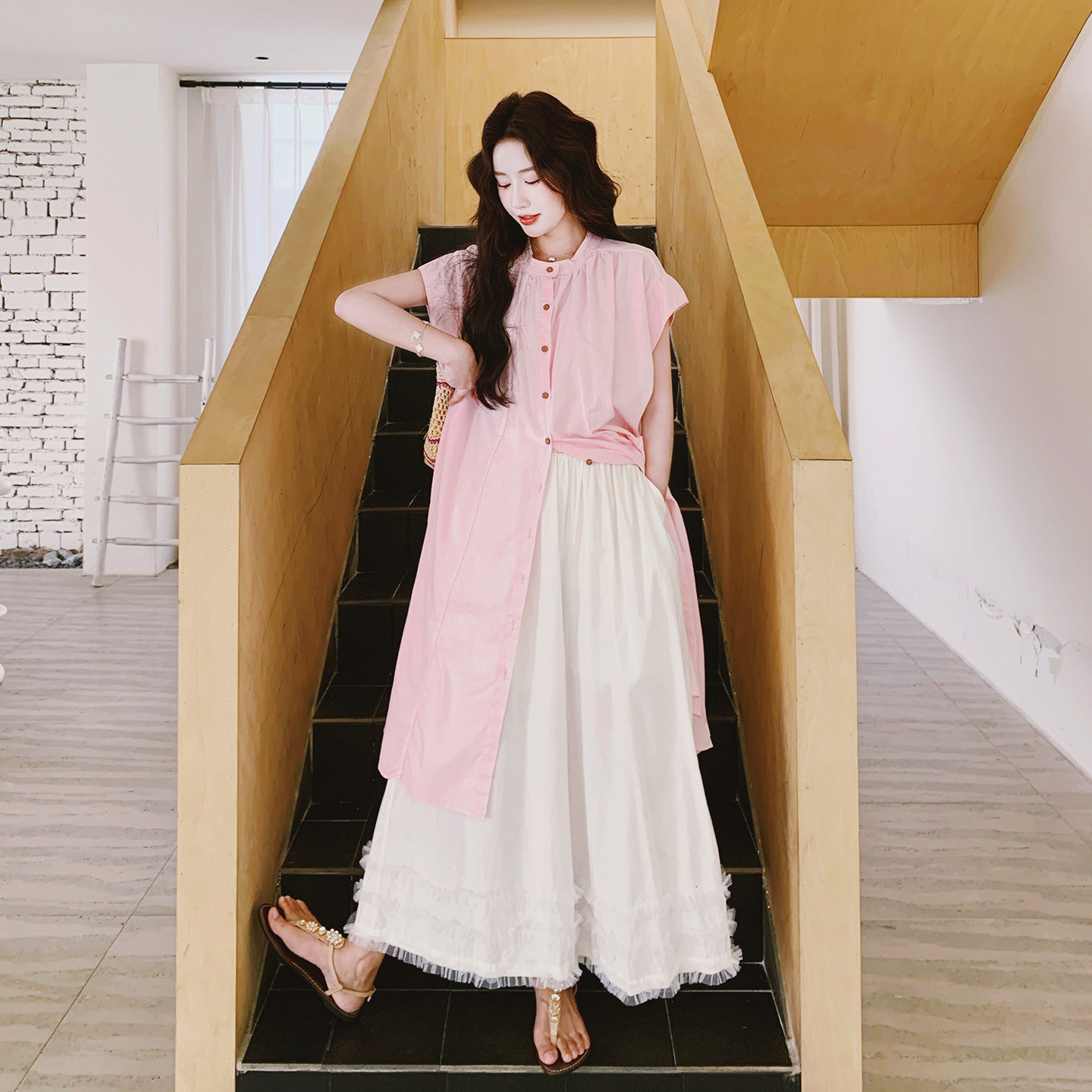 粉色俏皮甜美风少女感套装夏日休闲衬衫花边阔腿裤两件套2026新款