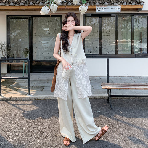 老钱风蕾丝马甲阔腿裤两件套