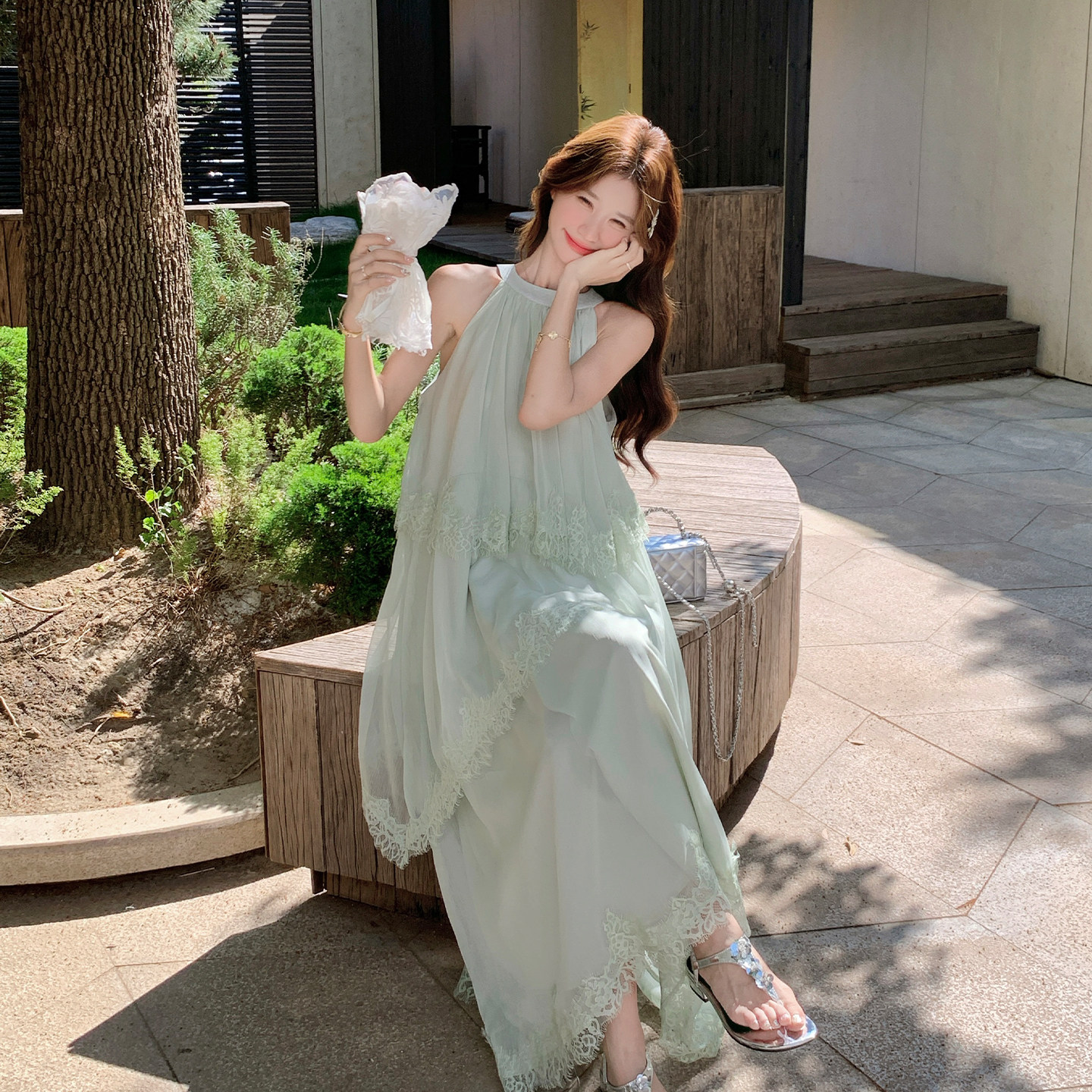 夏法式度假风无袖蕾丝拼接连衣裙