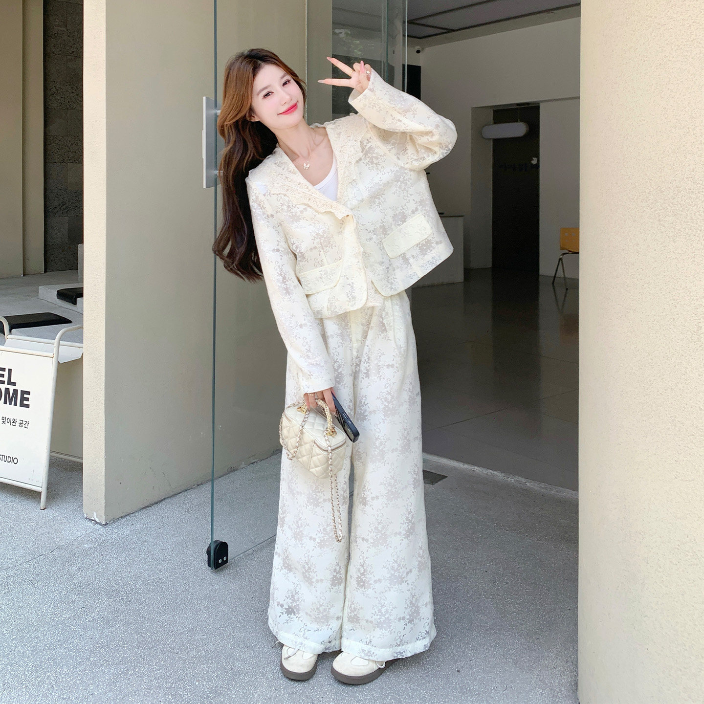 蕾丝外套阔腿裤两件套女秋新款