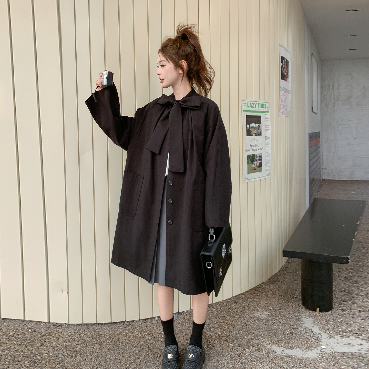秋季黑色蝴蝶结韩版中长风衣女