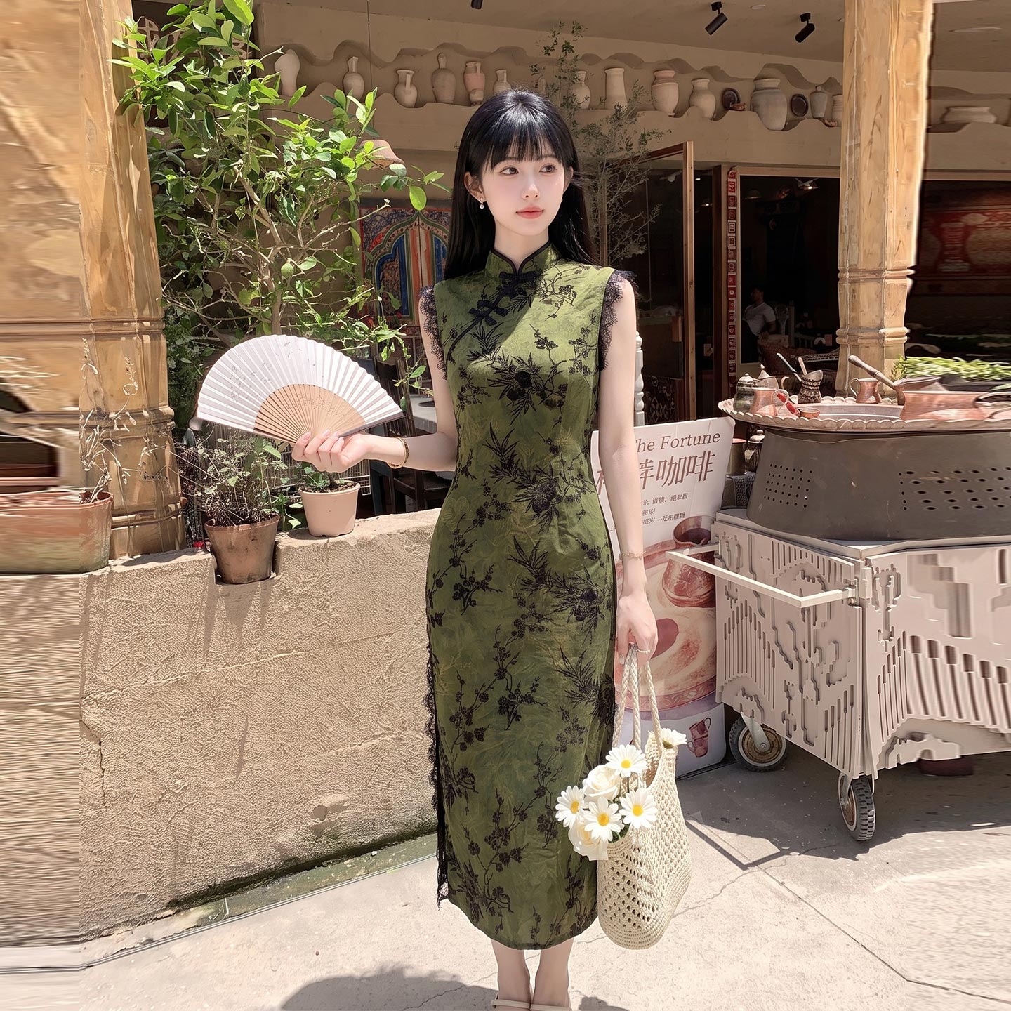 国风时髦御姐气质连衣裙女2026新款夏日新中式蕾丝拼接印花旗袍裙