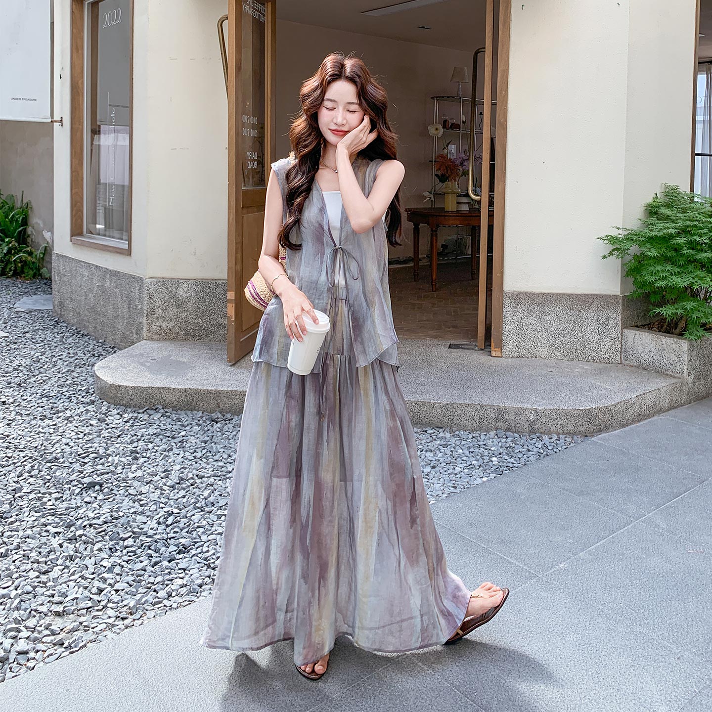 韩系清冷温柔风夏日减龄套装女2026新款扎染系带上衣半身裙两件套