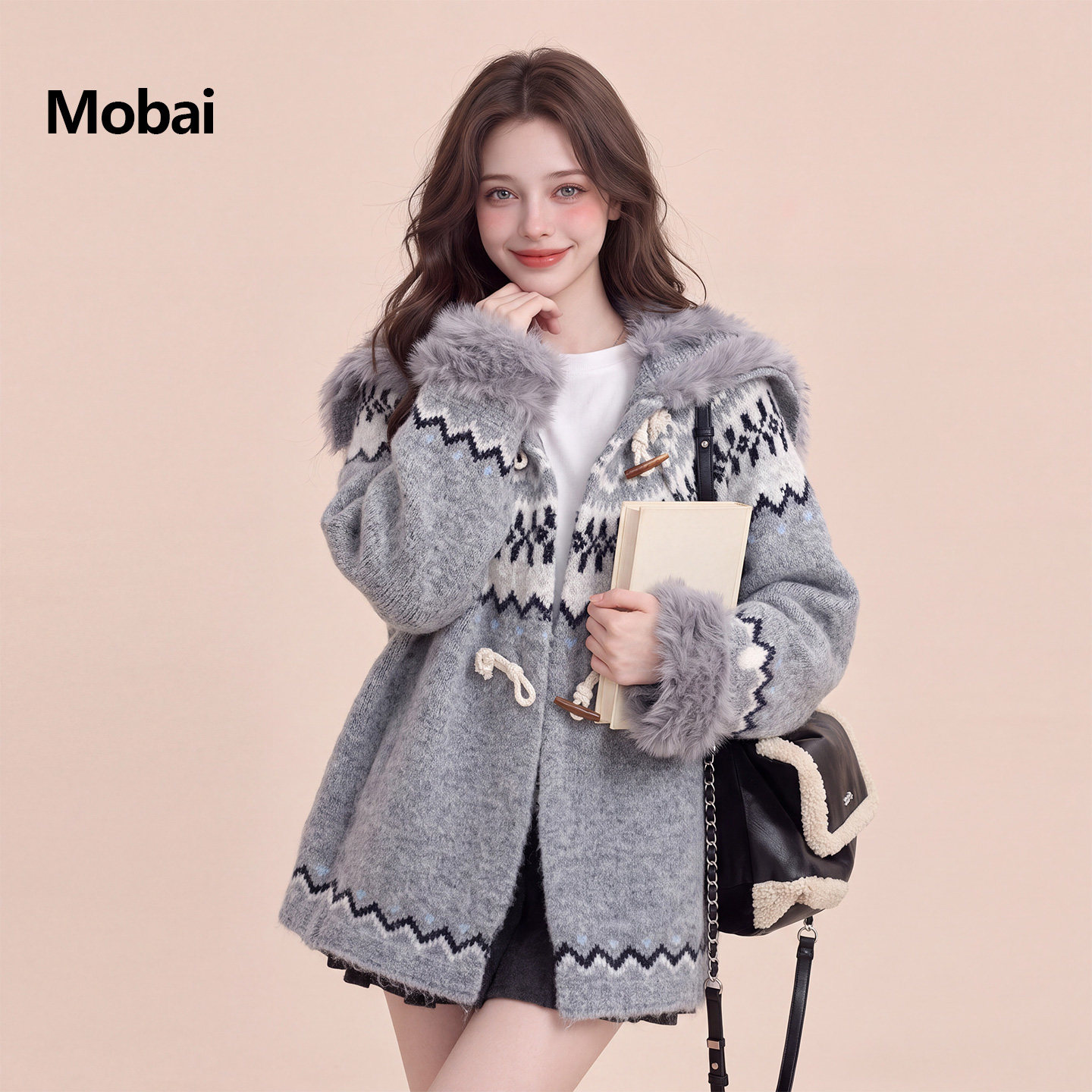 Mobai 灰色轻熟慵懒风毛绒大翻领外套女2026冬日新款针织提花开衫