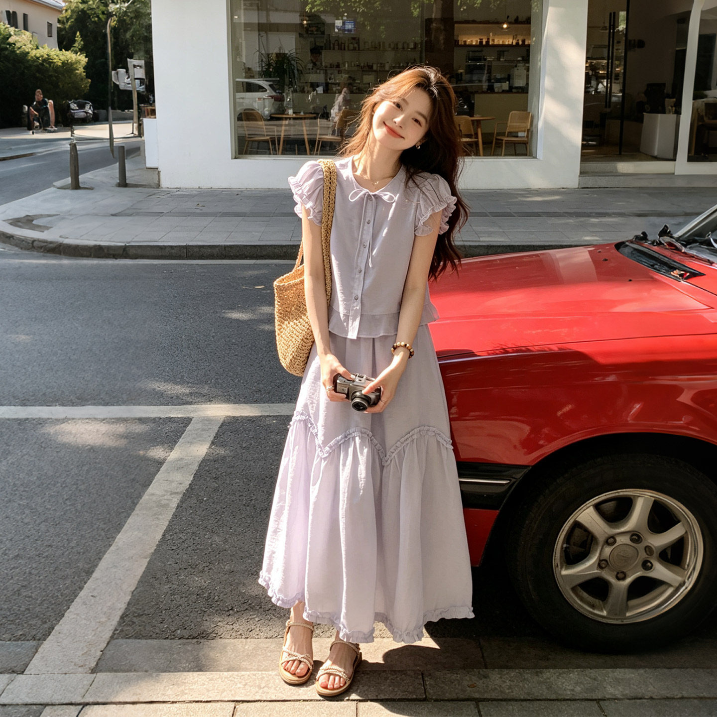 浅紫色减龄少女感套装2026夏新款泡泡袖系带上衣花边半身裙两件套