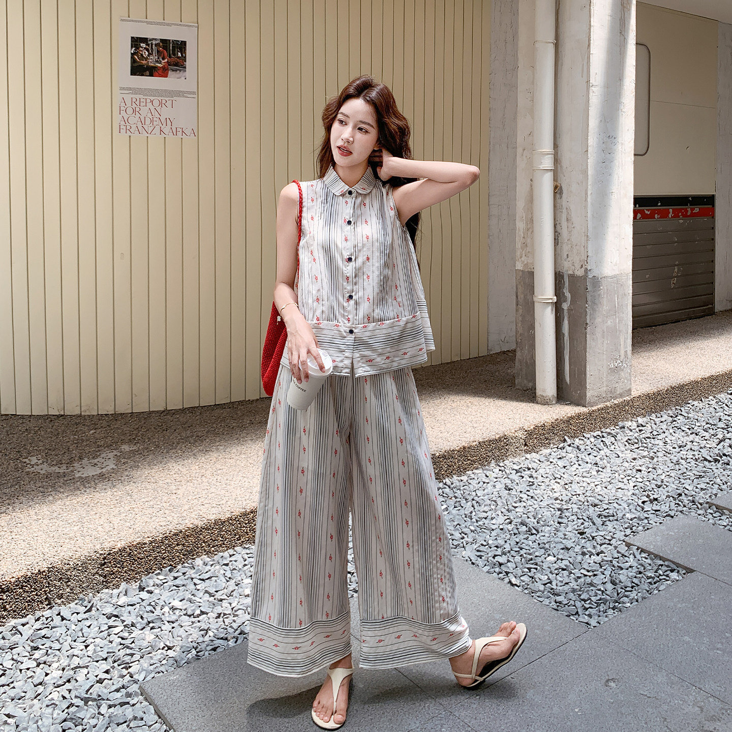 夏季女条纹马甲阔腿裤两件套