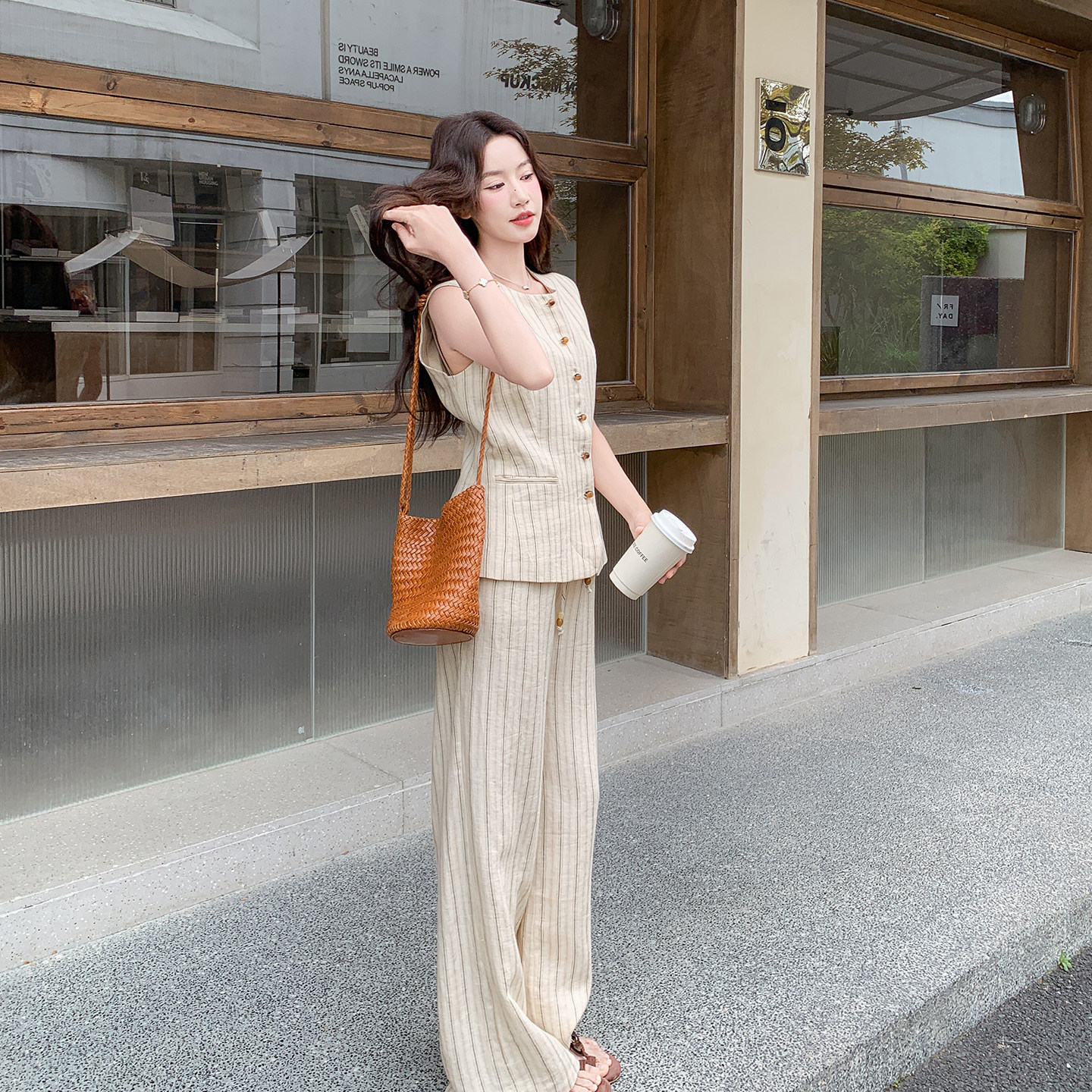 老钱风条纹马甲阔腿裤女夏套装
