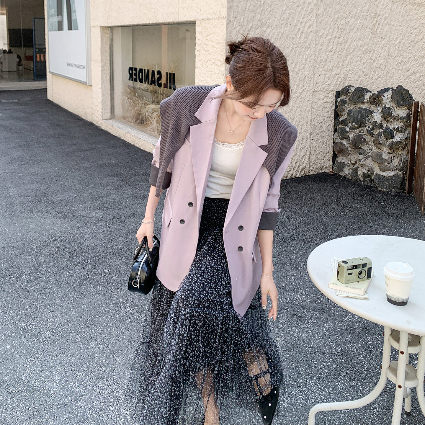 盐系轻熟两件套女2026春季新款韩系高级感西装碎花网纱半身裙套装