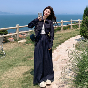 深蓝色韩系设计感牛仔衬衫套装女2026春新款气质休闲阔腿裤两件套