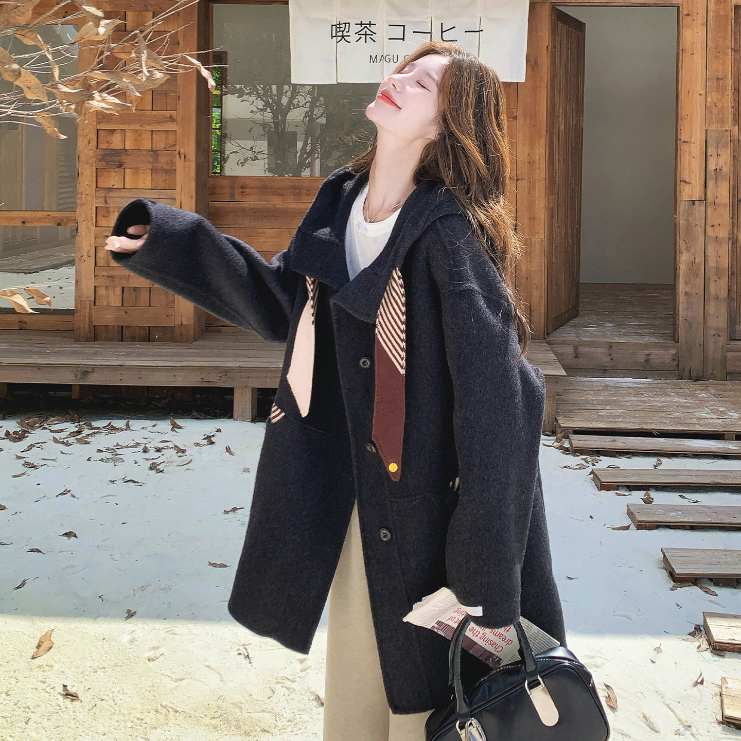 法式连帽条纹中长双排扣呢外套