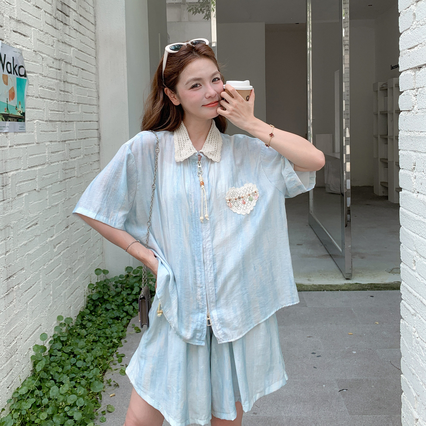 夏季清新甜美翻领短袖短裤套装女