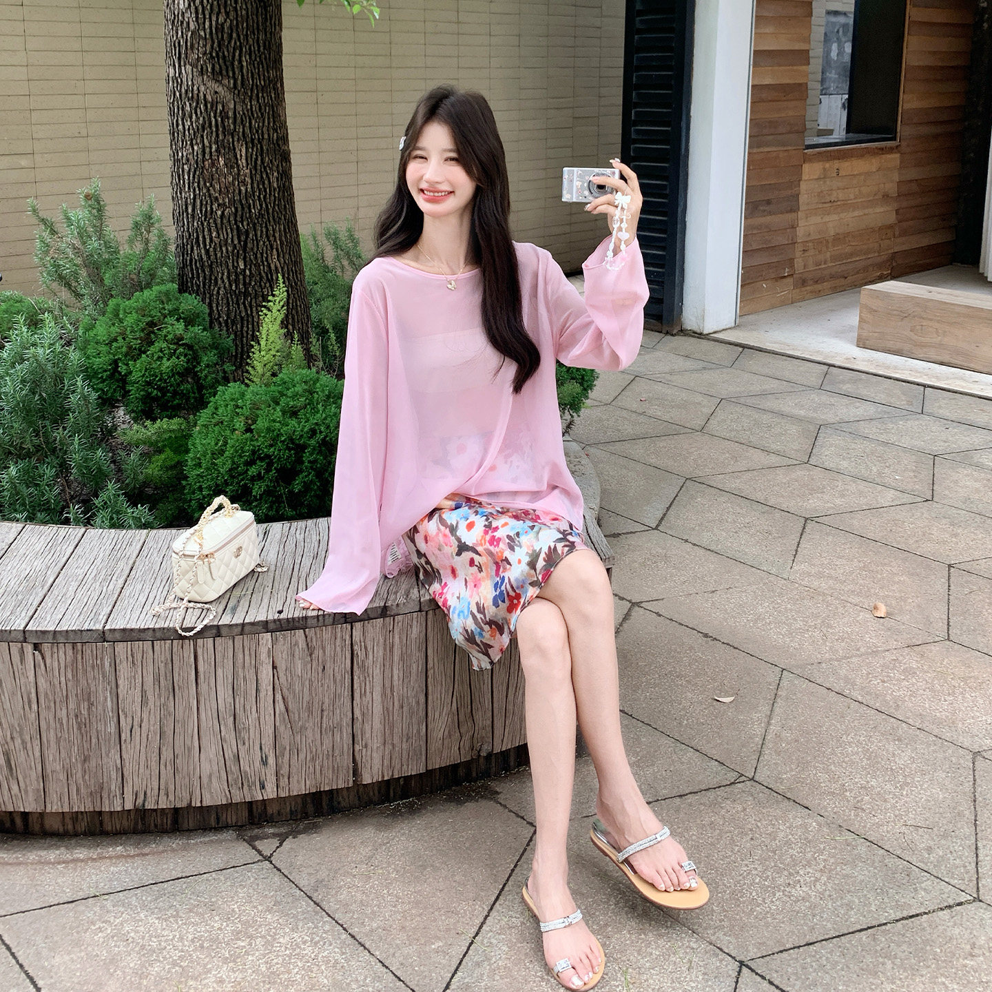 韩版粉色长袖上衣印花半身裙女