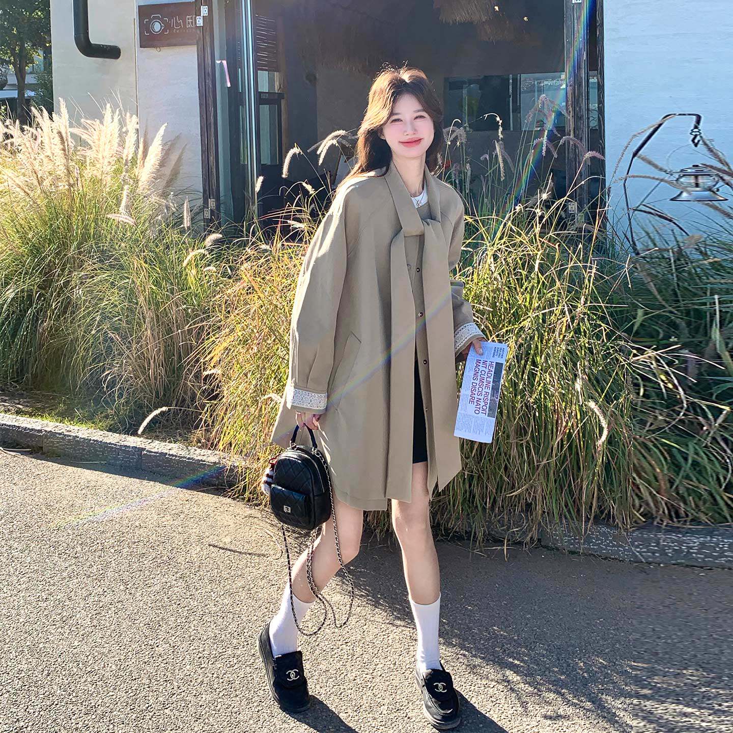 早春绝美杭州意法风衣女2026春新款设计感蝴蝶结系带蕾丝拼接外套