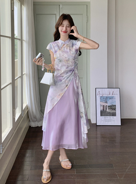 紫色新中式绝美贵气感晕染连衣裙女2026新款夏日国风设计感旗袍裙