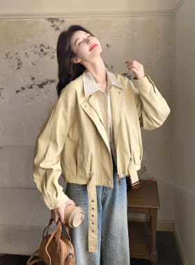 黄色休闲风格纹假两件拼接PU皮外套女2026春季新款韩系设计感夹克