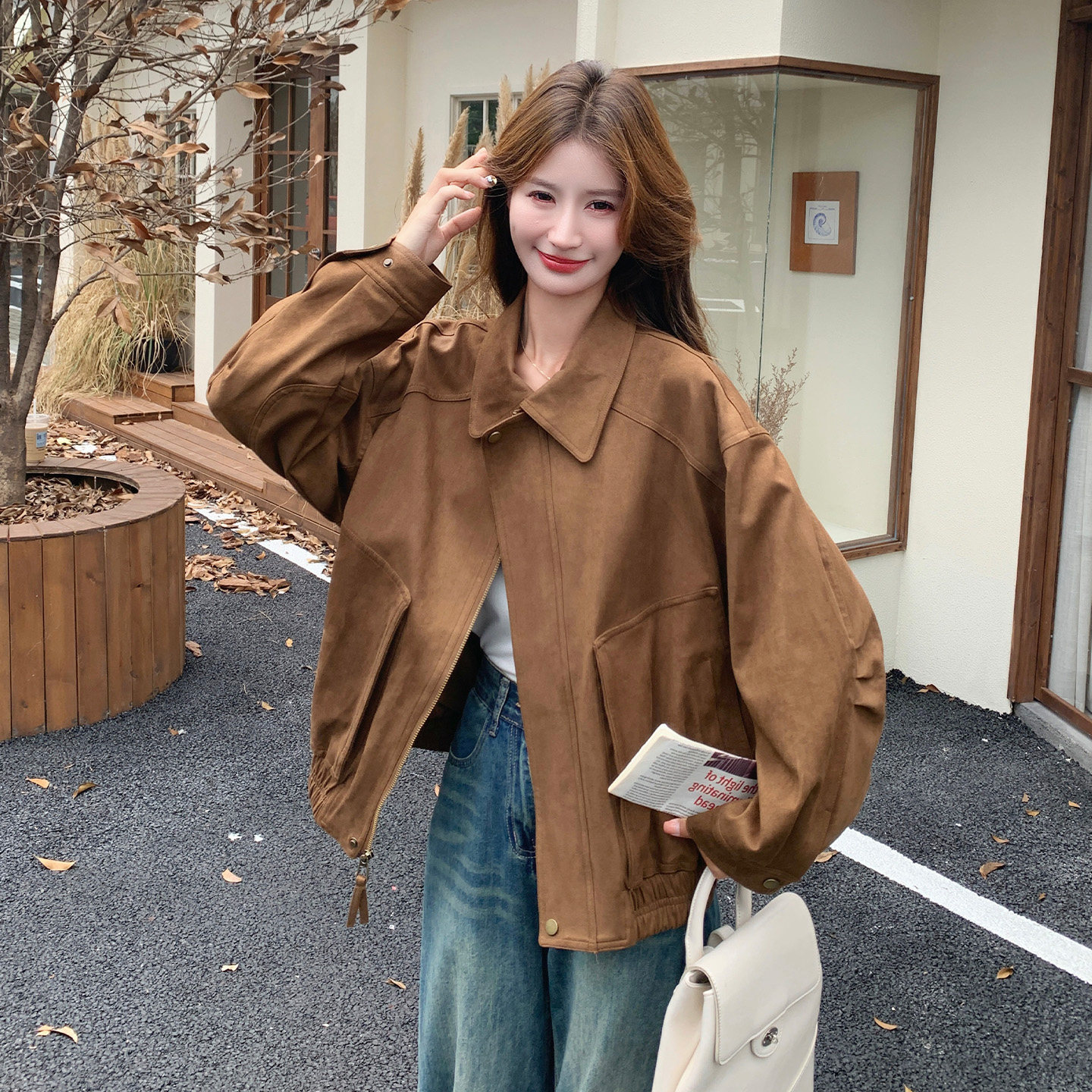 美拉德风麂皮翻领短外套女百搭