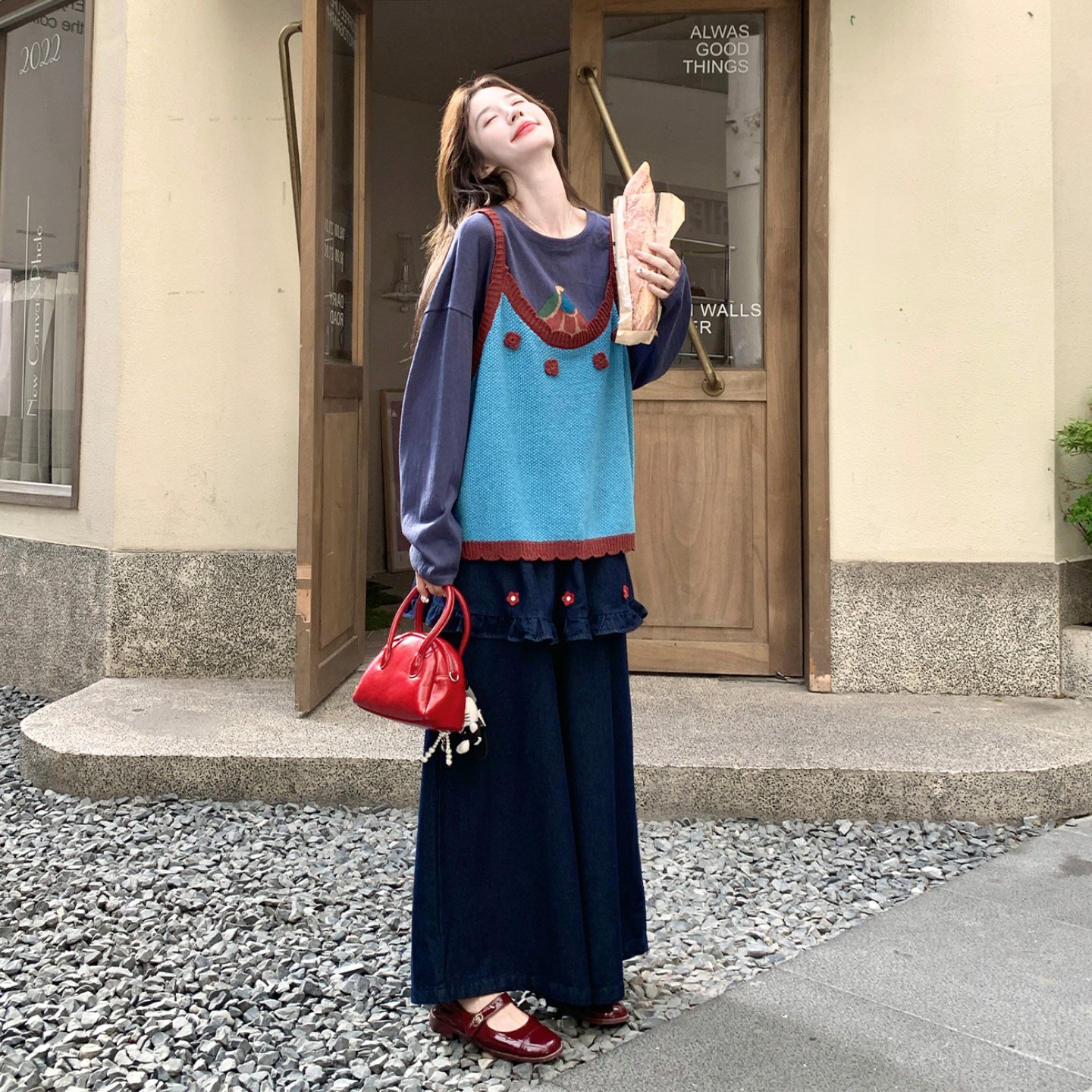 蓝色复古少女感阔腿裤套装春秋
