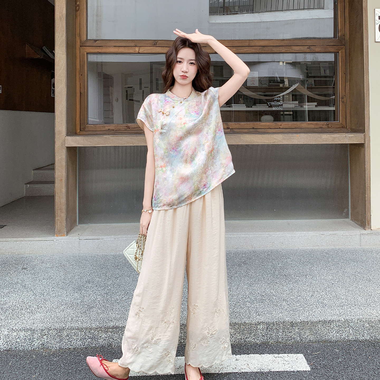 夏季女装短袖阔腿裤两件套透气
