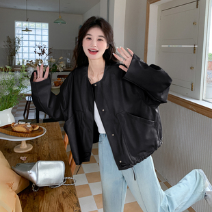 黑色小个子短款圆领皮衣外套女2026春美式高级感气质百搭PU皮夹克