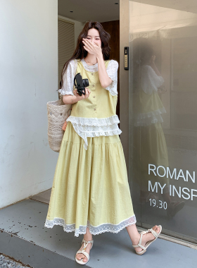 黄色奶呼呼少女感叠穿套装夏日花边背心蕾丝内搭半身裙三件套2026