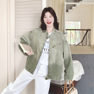 绿色复古渐变牛仔短外套女2026春季 炸街立领夹克 设计感小个子时尚