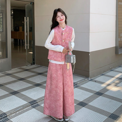 中式盘扣马甲衬衫阔腿长裤三件套