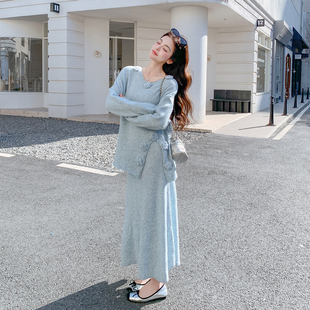 蓝色温柔风减龄针织套装裙女2026春法式立体花朵上衣半身裙两件套