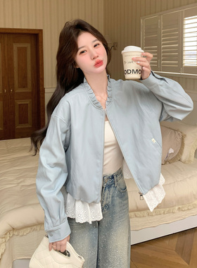 蓝色小众设计感木耳边PU皮衣外套女2026春新款蕾丝拼接假两件夹克