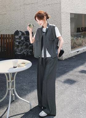 灰色高知设计感系带马甲套装女2026夏季新款休闲内搭阔腿裤三件套