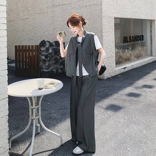 灰色高知设计感系带马甲套装女2026夏季新款休闲内搭阔腿裤三件套