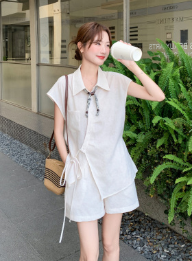 白色休闲老钱风小个子套装女2026新款不规则系带衬衫短裤两件套夏