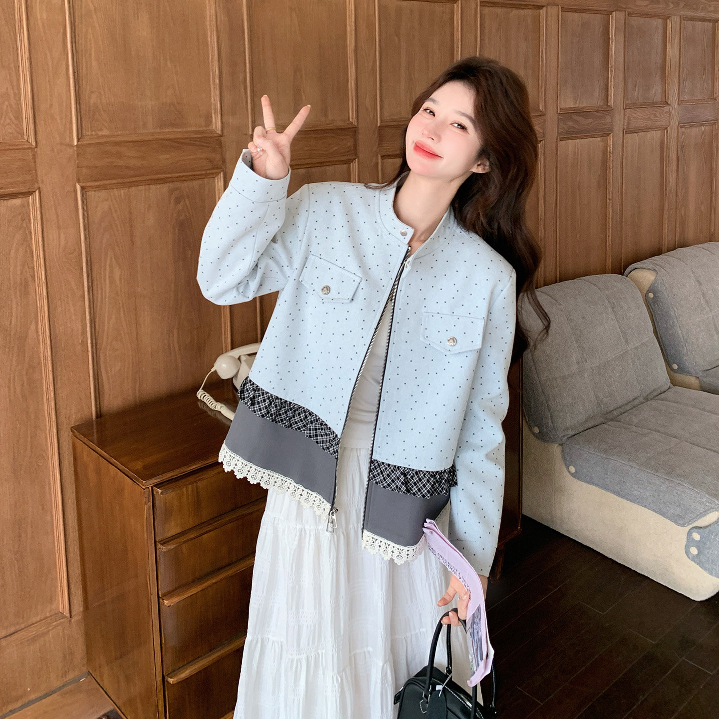 韩系甜美复古波点拼接蕾丝外套女小个子穿百搭休闲夹克2026春新款