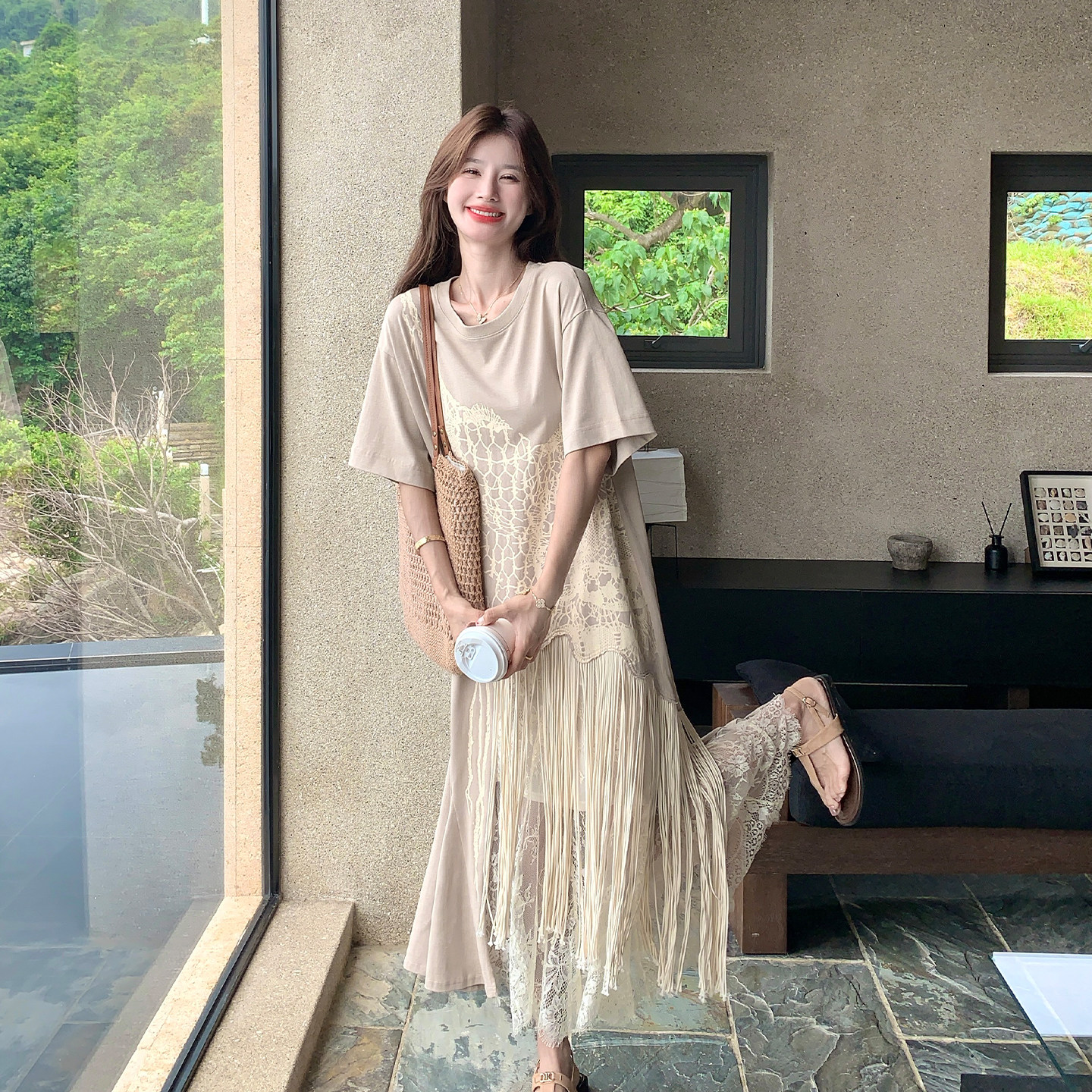 韩式随性慵懒松弛感连衣裙2026新款夏日高级感流苏蕾丝拼接T恤裙