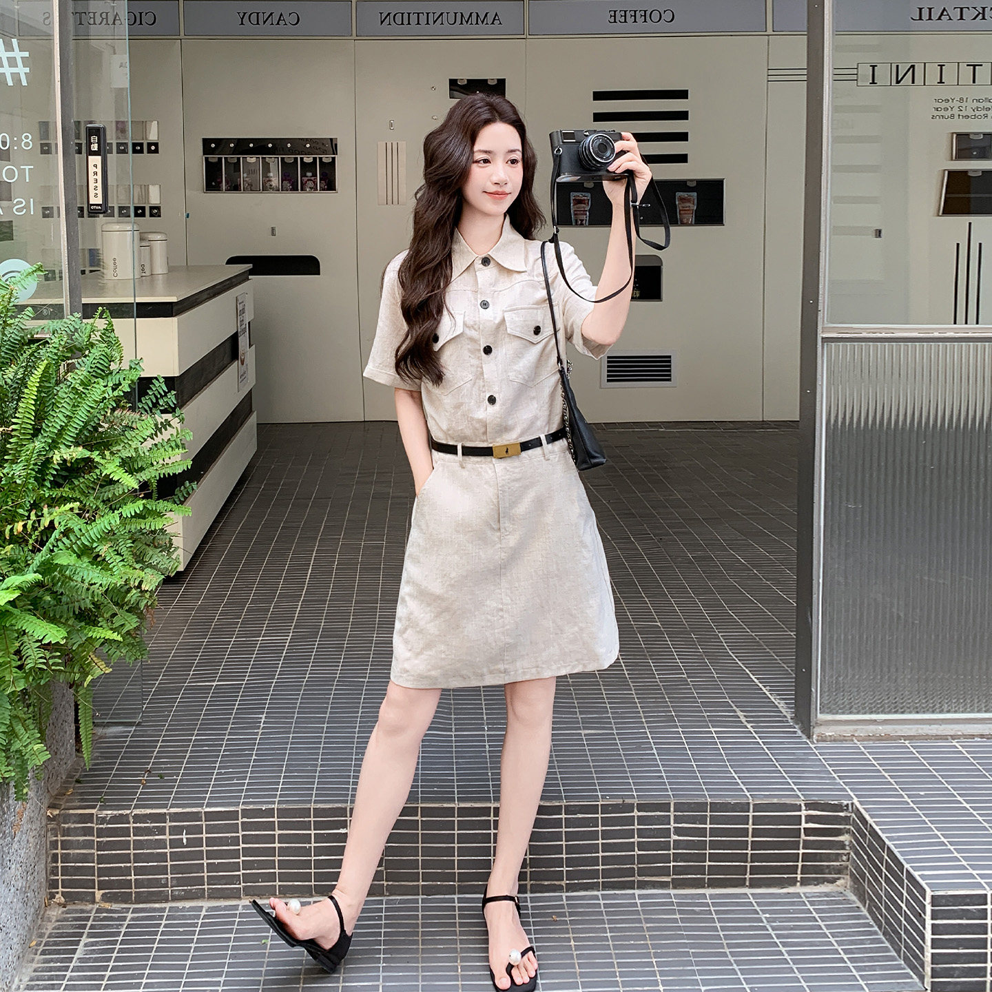 ins风米色衬衫连衣裙女2026