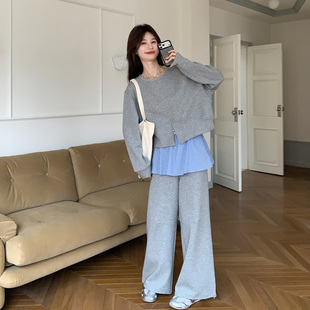 早春灰色休闲学院风卫衣套装女短款上衣格纹屁帘阔腿裤两件套2026