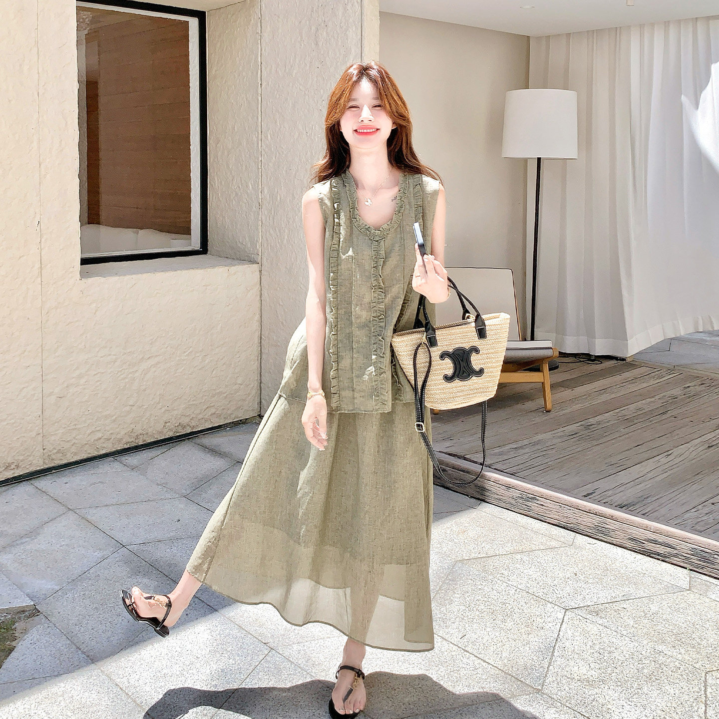 轻熟风木耳边背心套装女夏