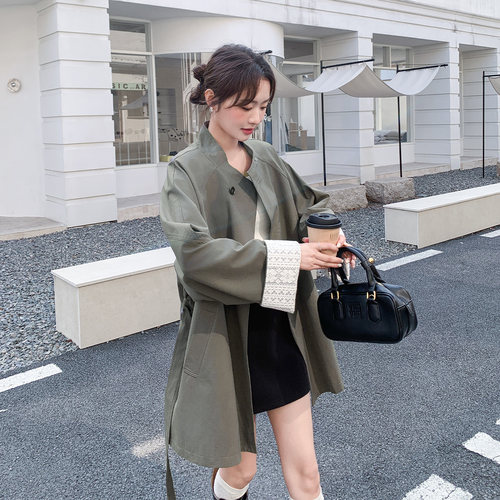 韩系复古拼接风衣女中长款系带