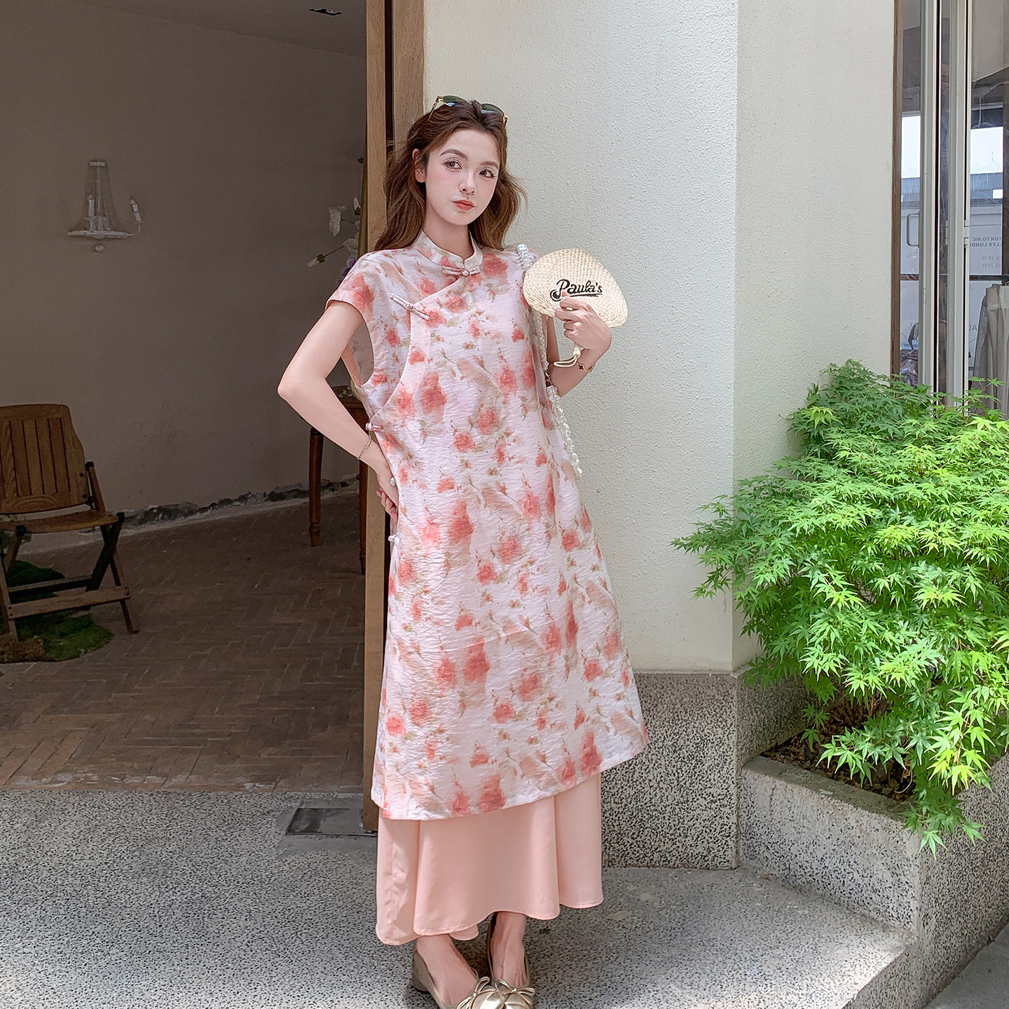 夏季花卉印花假两件A字连衣裙