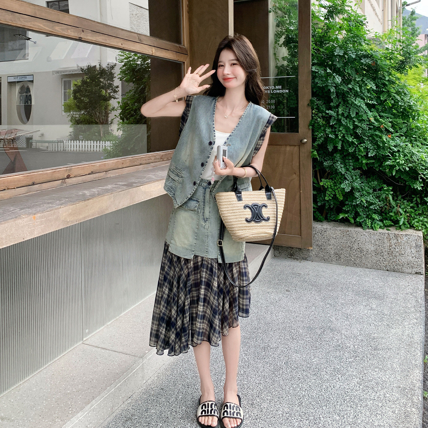 复古牛仔马甲格纹半身裙套装女