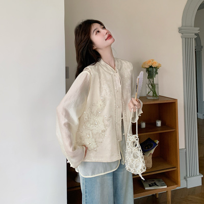 刺绣马甲套装女春季米白色